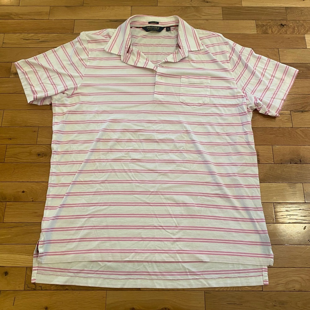 Polo Golf Ralph Lauren Mens XL Pink White Striped Short Sleeve Pocket Polo Shirt